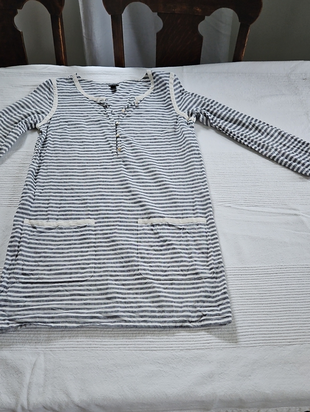 J. Crew Gray and White Striped Henley Tunic